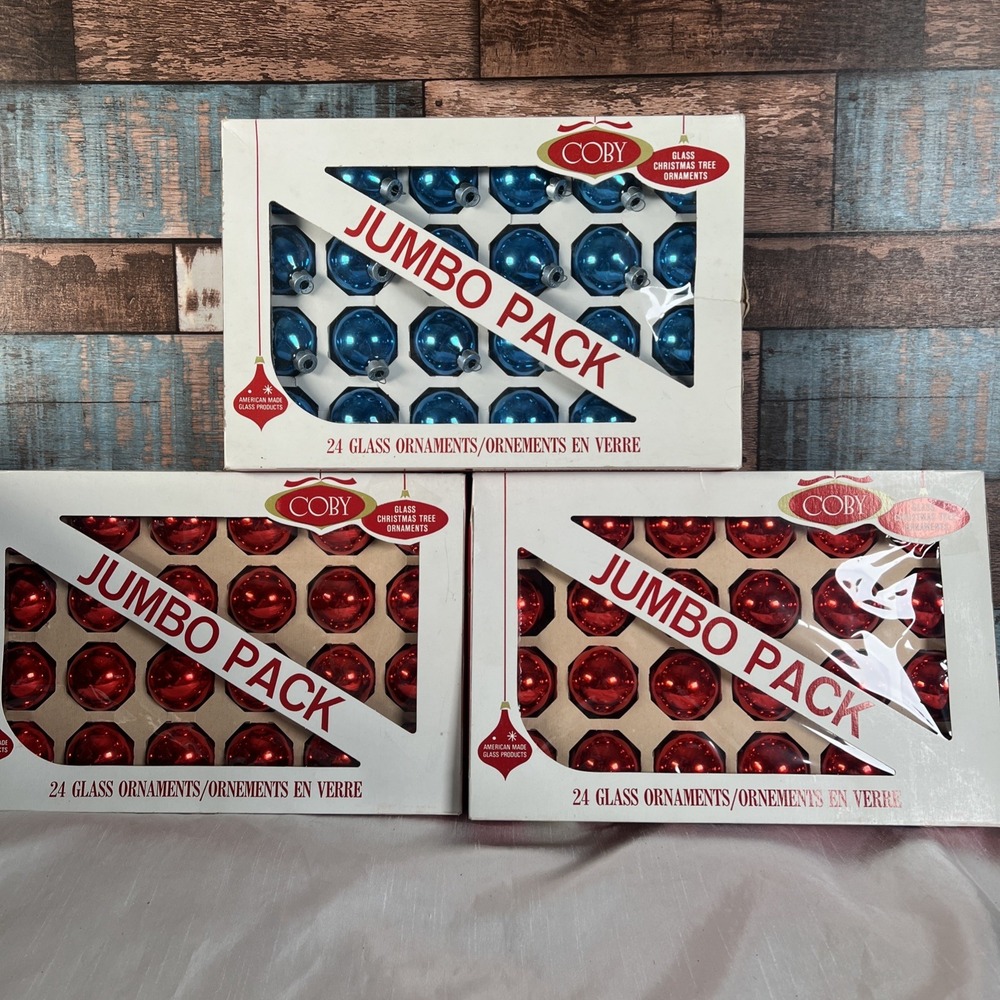 Vintage - 3 Jumbo‎ Boxes Of 24 Coby Christmas Tree Glass Ornaments Red & Blue